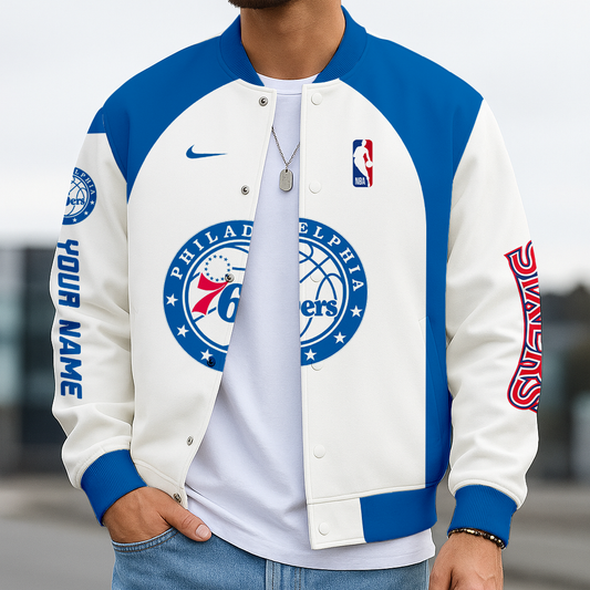 LIMITED EDITION - NEW CUSTOMIZED NBA26 P76 PHILADELPHIA 76ERS BASEBALL JACKET, SATIN VARSITY JACKET