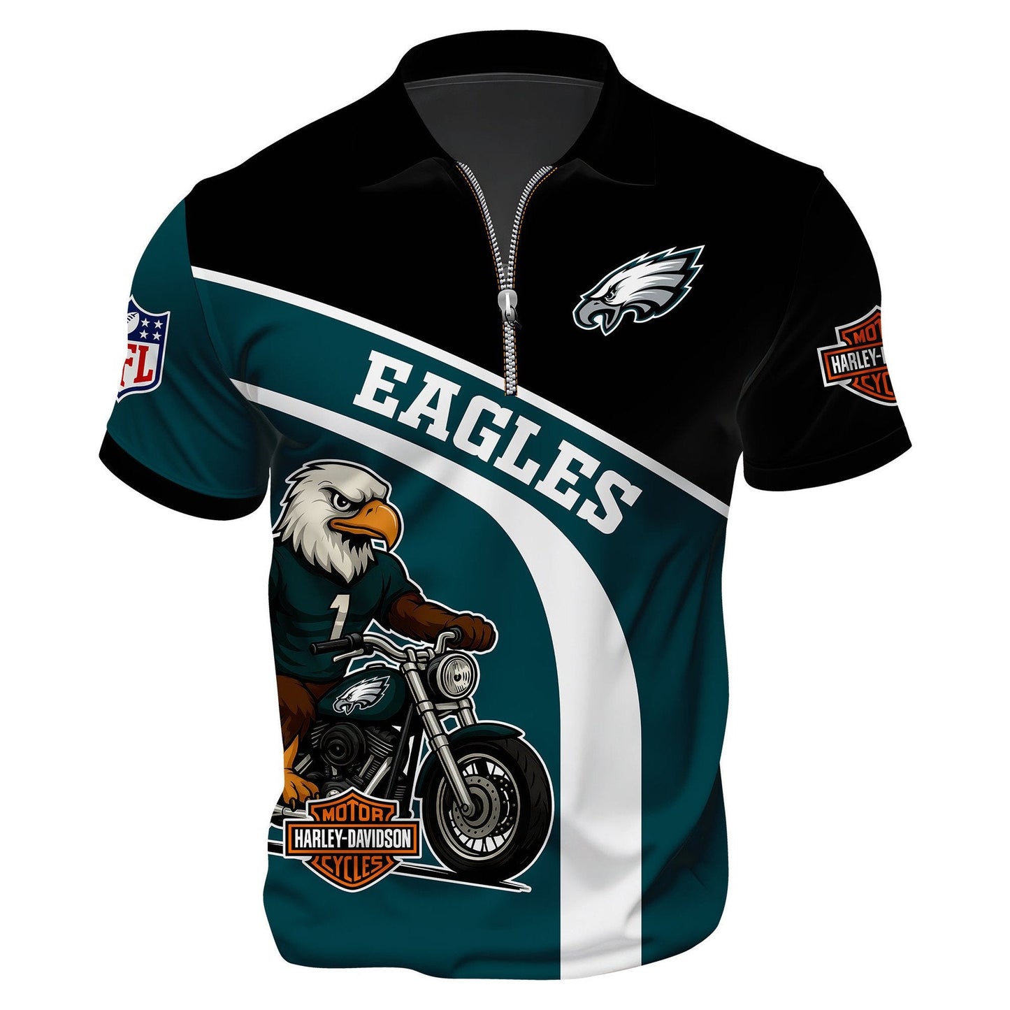 LIMITED EDITION - NEW CUSTOMIZED NFL02 PPE PHILADELPHIA EAGLES HARLEY-DAVIDSON POLO WITH ZIPPER SHIRT