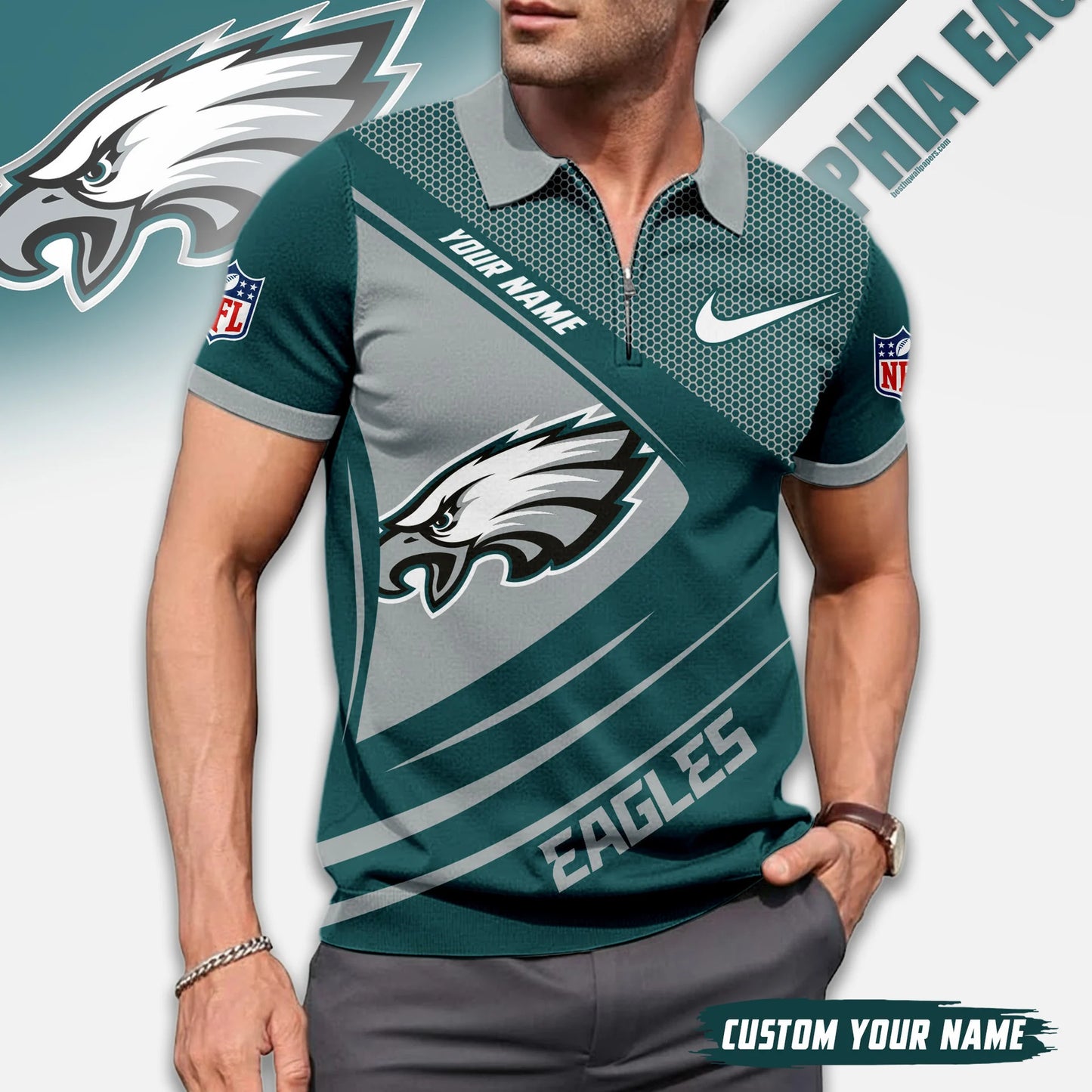 LIMITED EDITION - NEW CUSTOMIZED NFL02 PPE PHILADELPHIA EAGLES ZIP POLO SHIRT