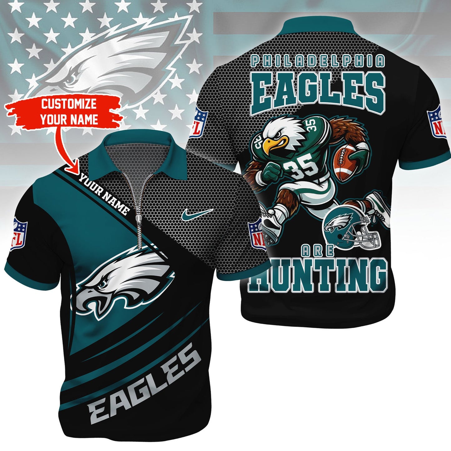 LIMITED EDITION - NEW CUSTOMIZED NFL02 PPE PHILADELPHIA EAGLES HARLEY-DAVIDSON POLO WITH ZIPPER SHIRT