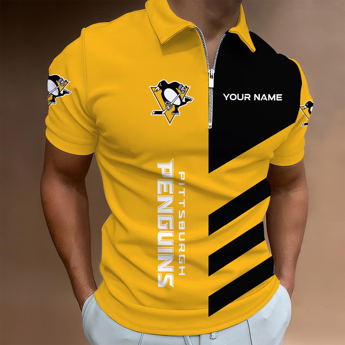LIMITED EDITION - NEW CUSTOMIZED NHL26 PBP PITTSBURGH PENGUINS ZIP POLO SHIRT