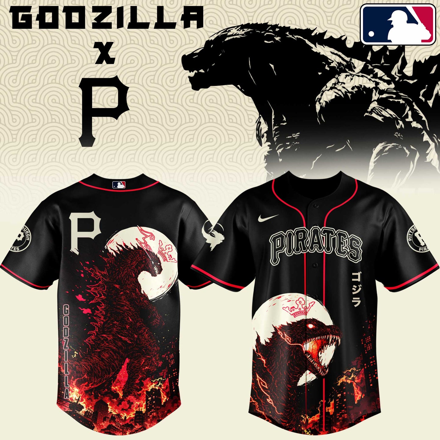 LIMITED EDITION - NEW CUSTOMIZED MLB29 PHP PITTSBURGH PIRATES x GODZILLA BASEBALL JERSEY & CAP
