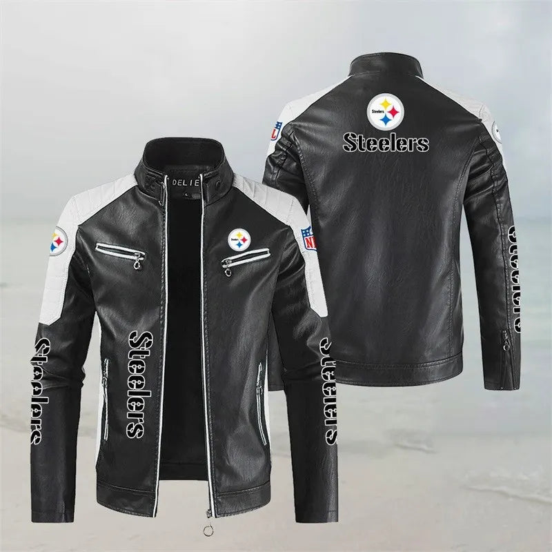 LIMITED EDITION - NEW CUSTOMIZED NFL14 PSB PITTSBURGH STEELERS LEATHER BIKER JACKET