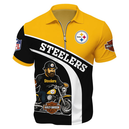 LIMITED EDITION - NEW CUSTOMIZED NFL14 PSB PITTSBURGH STEELERS HARLEY-DAVIDSON POLO WITH ZIPPER SHIRT