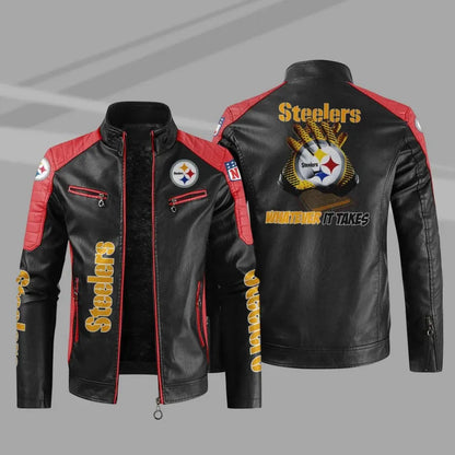 LIMITED EDITION - NEW CUSTOMIZED NFL14 PSB PITTSBURGH STEELERS LEATHER BIKER JACKET