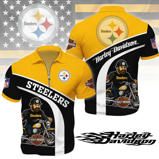 LIMITED EDITION - NEW CUSTOMIZED NFL14 PSB PITTSBURGH STEELERS HARLEY-DAVIDSON POLO WITH ZIPPER SHIRT