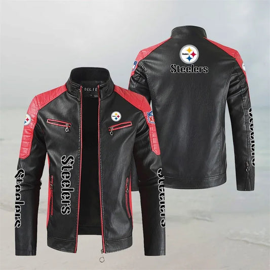 LIMITED EDITION - NEW CUSTOMIZED NFL14 PSB PITTSBURGH STEELERS LEATHER BIKER JACKET