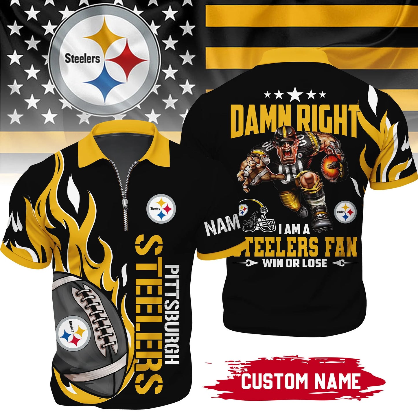 LIMITED EDITION - NEW CUSTOMIZED NFL14 PSB PITTSBURGH STEELERS ZIP POLO SHIRT