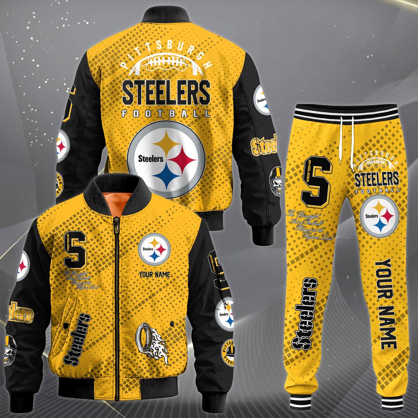 LIMITED EDITION - NEW CUSTOMIZED NFL14 PSB PITTSBURGH STEELERS SATIN VARSITY JACKET & LONG PANTS