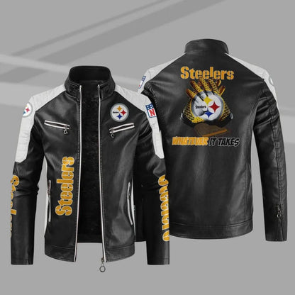 LIMITED EDITION - NEW CUSTOMIZED NFL14 PSB PITTSBURGH STEELERS LEATHER BIKER JACKET