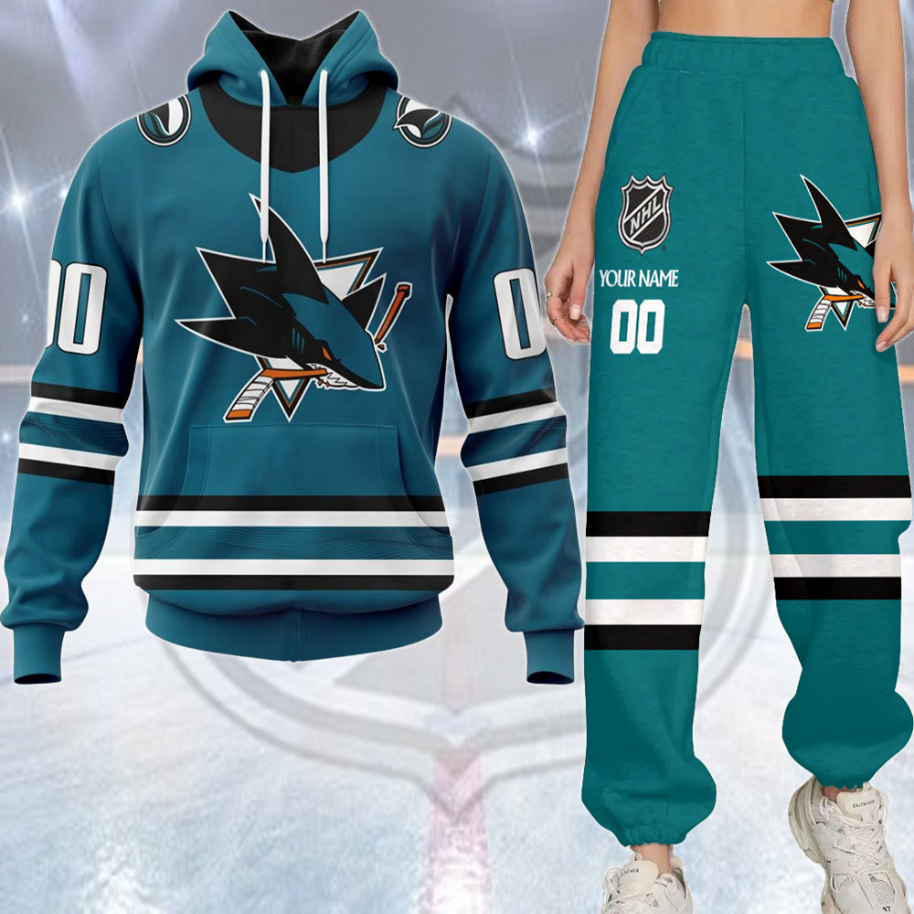 LIMITED EDITION - NEW CUSTOMIZED NHL32 SJS SAN JOSE SHARKS COMBO HOODIE & LONGPANTS