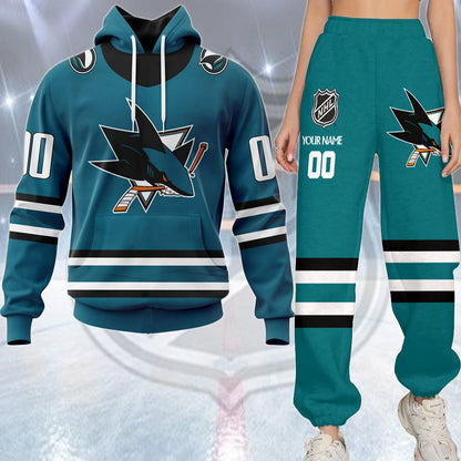 LIMITED EDITION - NEW CUSTOMIZED NHL32 SJS SAN JOSE SHARKS COMBO HOODIE & LONGPANTS