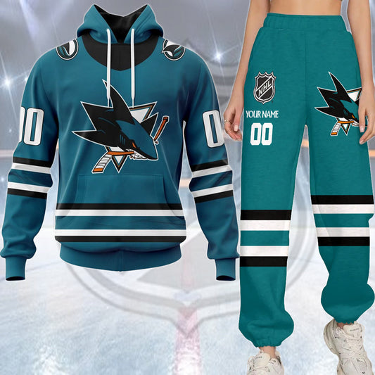 LIMITED EDITION - NEW CUSTOMIZED NHL32 SJS SAN JOSE SHARKS COMBO HOODIE & LONGPANTS