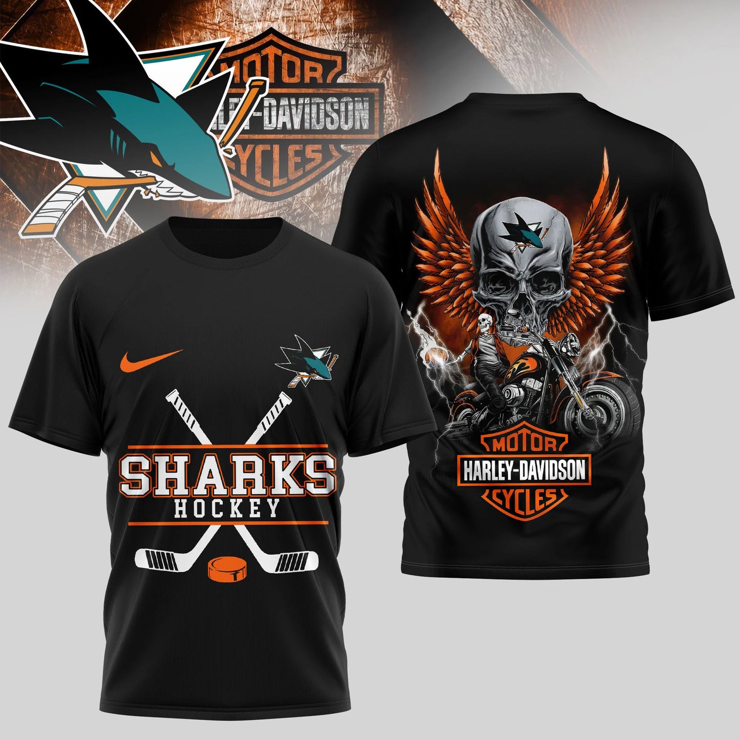 LIMITED EDITION - NEW CUSTOMIZED NHL32 SJS SAN JOSE SHARKS x HARLEY DAVIDSON UNISEX T-SHIRT