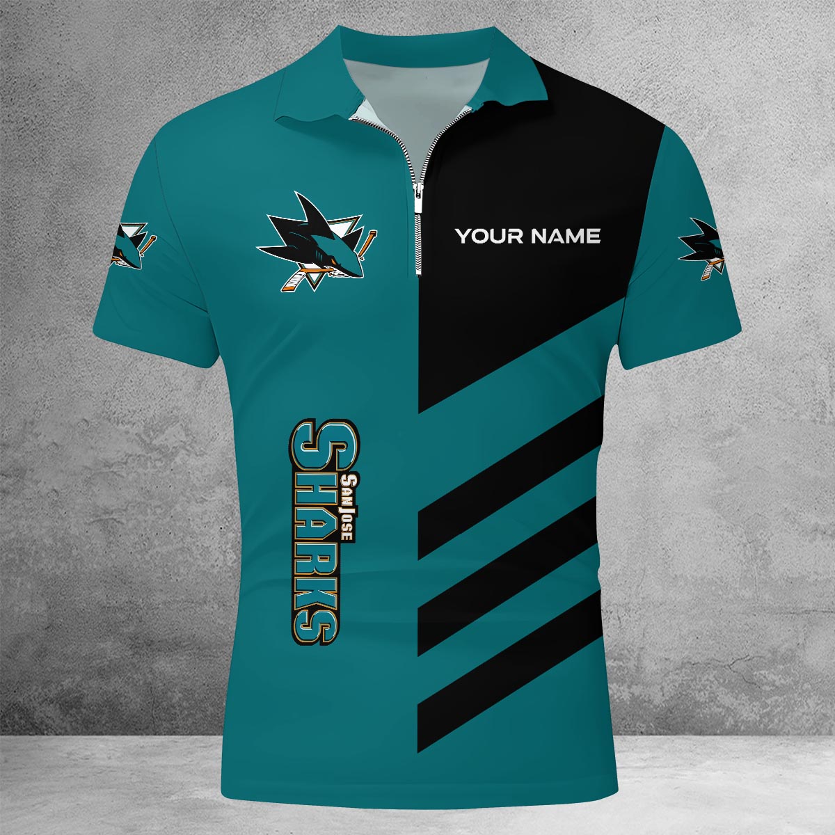 LIMITED EDITION - NEW CUSTOMIZED NHL32 SJS SAN JOSE SHARKS ZIP POLO SHIRT