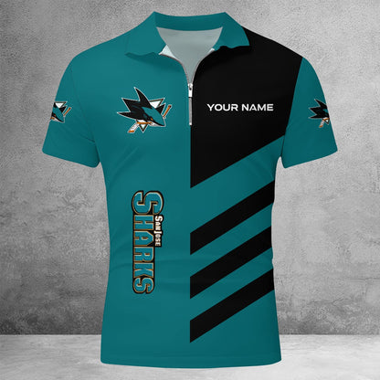 LIMITED EDITION - NEW CUSTOMIZED NHL32 SJS SAN JOSE SHARKS ZIP POLO SHIRT