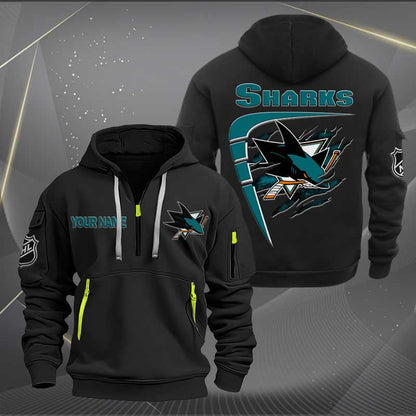 LIMITED EDITION - NEW CUSTOMIZED NHL32 SJS SAN JOSE SHARKS QUARTER ZIP HOODIE
