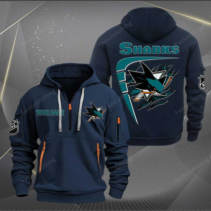 LIMITED EDITION - NEW CUSTOMIZED NHL32 SJS SAN JOSE SHARKS QUARTER ZIP HOODIE