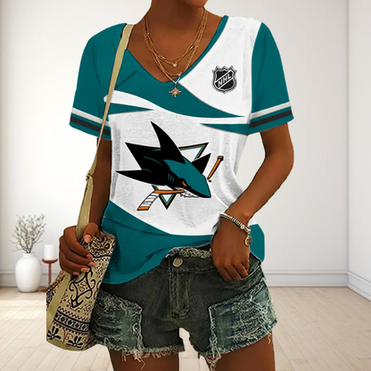 LIMITED EDITION - NEW CUSTOMIZED NHL32 SJS SAN JOSE SHARKS V-NECK FEMALE SHIRT