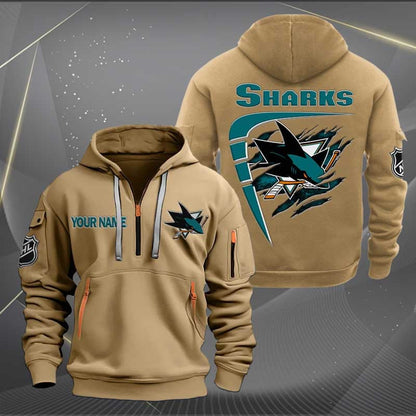 LIMITED EDITION - NEW CUSTOMIZED NHL32 SJS SAN JOSE SHARKS QUARTER ZIP HOODIE