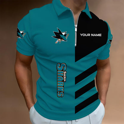 LIMITED EDITION - NEW CUSTOMIZED NHL32 SJS SAN JOSE SHARKS ZIP POLO SHIRT