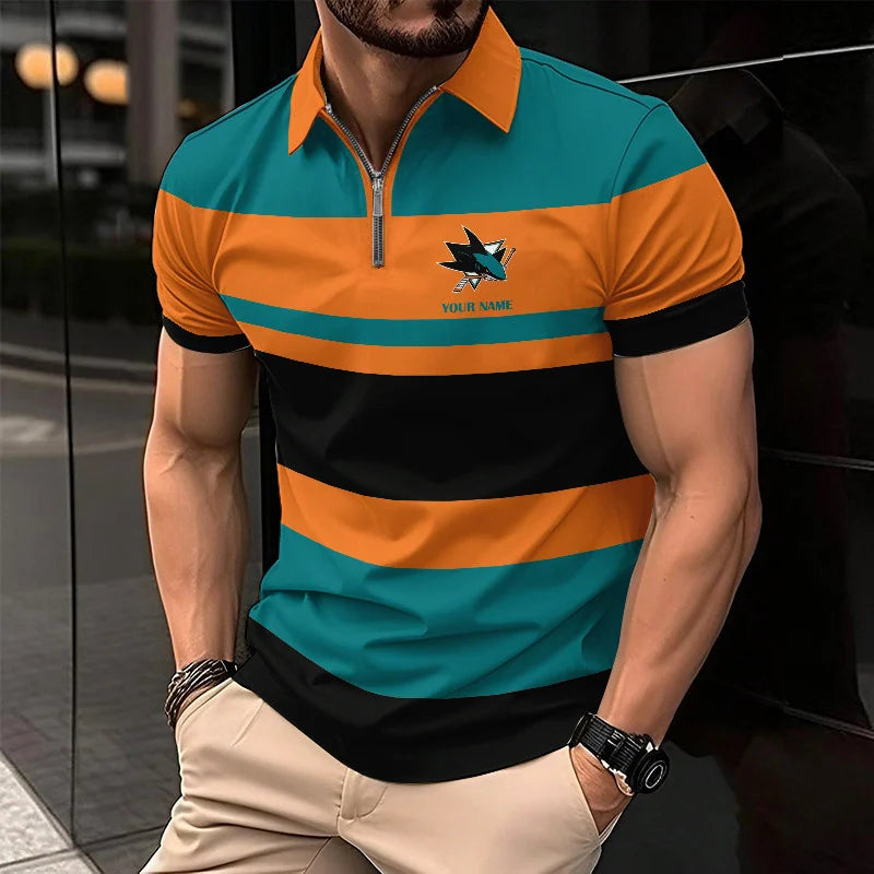 LIMITED EDITION - NEW CUSTOMIZED NHL32 SJS SAN JOSE SHARKS ZIP POLO SHIRT