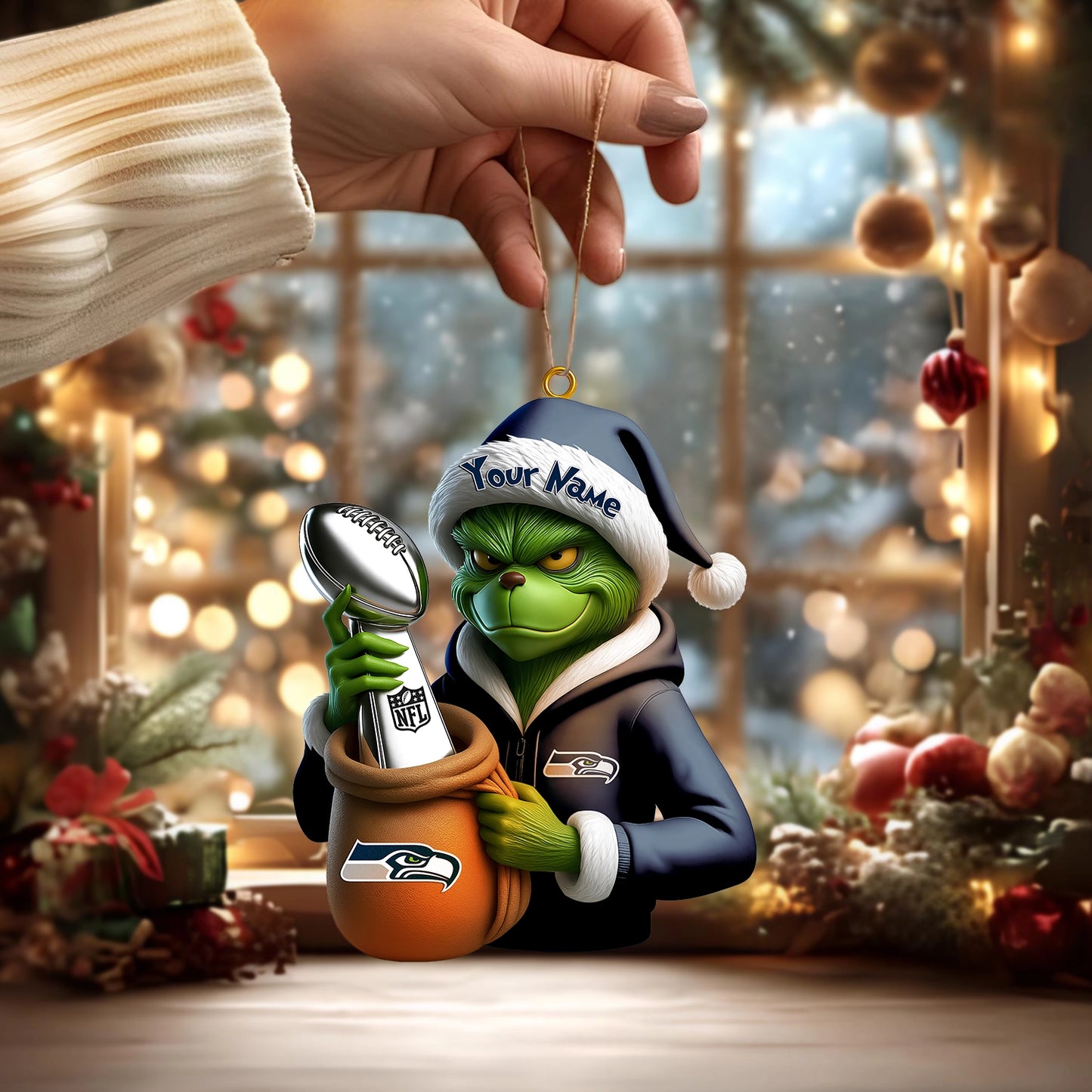 LIMITED EDITION - NEW CUSTOMIZED NFL06 SSH SEATTLE SEAHAWKS THE GRINCH ACRYLIC ORNAMENT