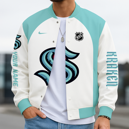 LIMITED EDITION - NEW CUSTOMIZED NHL20 STK SEATTLE KRAKEN SATIN VARSITY JACKET & BASEBALL JACKET