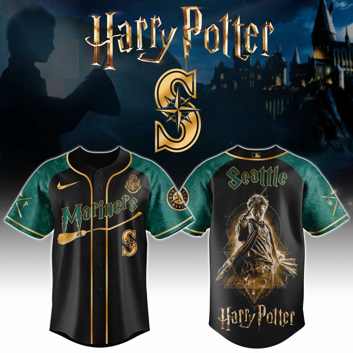 LIMITED EDITION - NEW CUSTOMIZED MLB14 SMS SEATTLE MARINERS x HARRY POTTER BASEBALL JERSEY & CAP