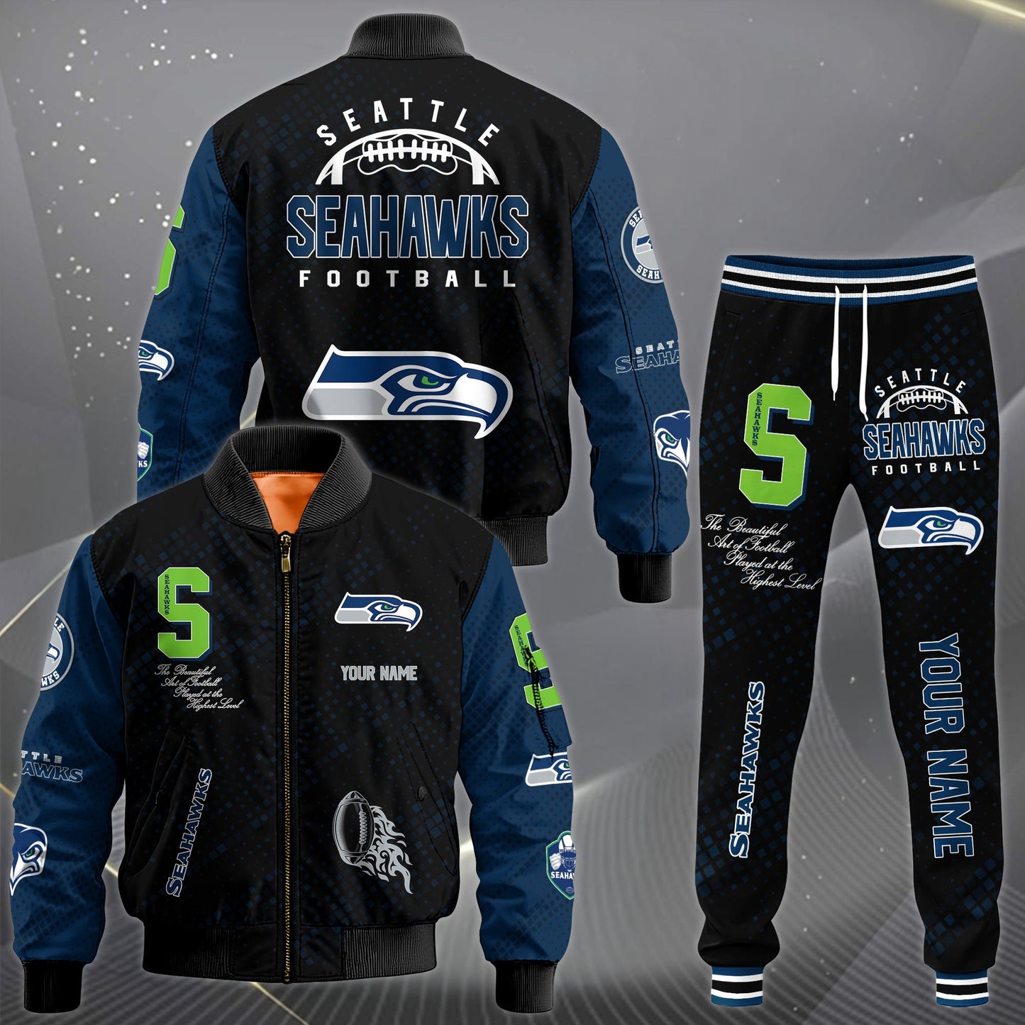 LIMITED EDITION - NEW CUSTOMIZED NFL06 SSH SEATTLE SEAHAWKS SATIN VARSITY JACKET & LONG PANTS