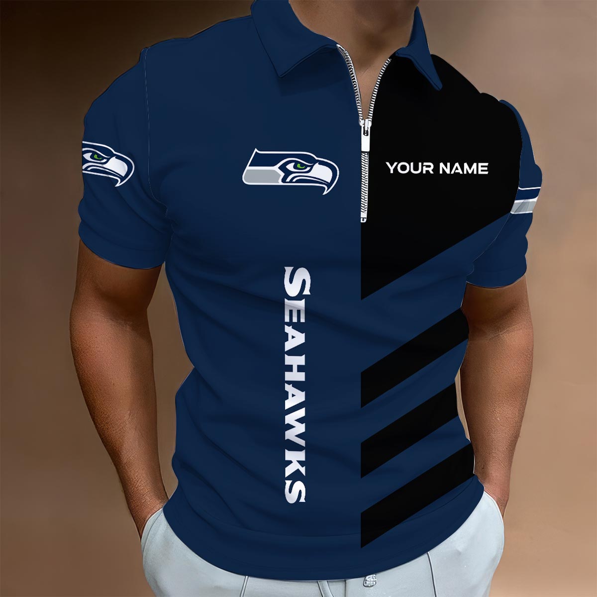 LIMITED EDITION - NEW CUSTOMIZED NFL06 SSH SEATTLE SEAHAWKS ZIP POLO SHIRT