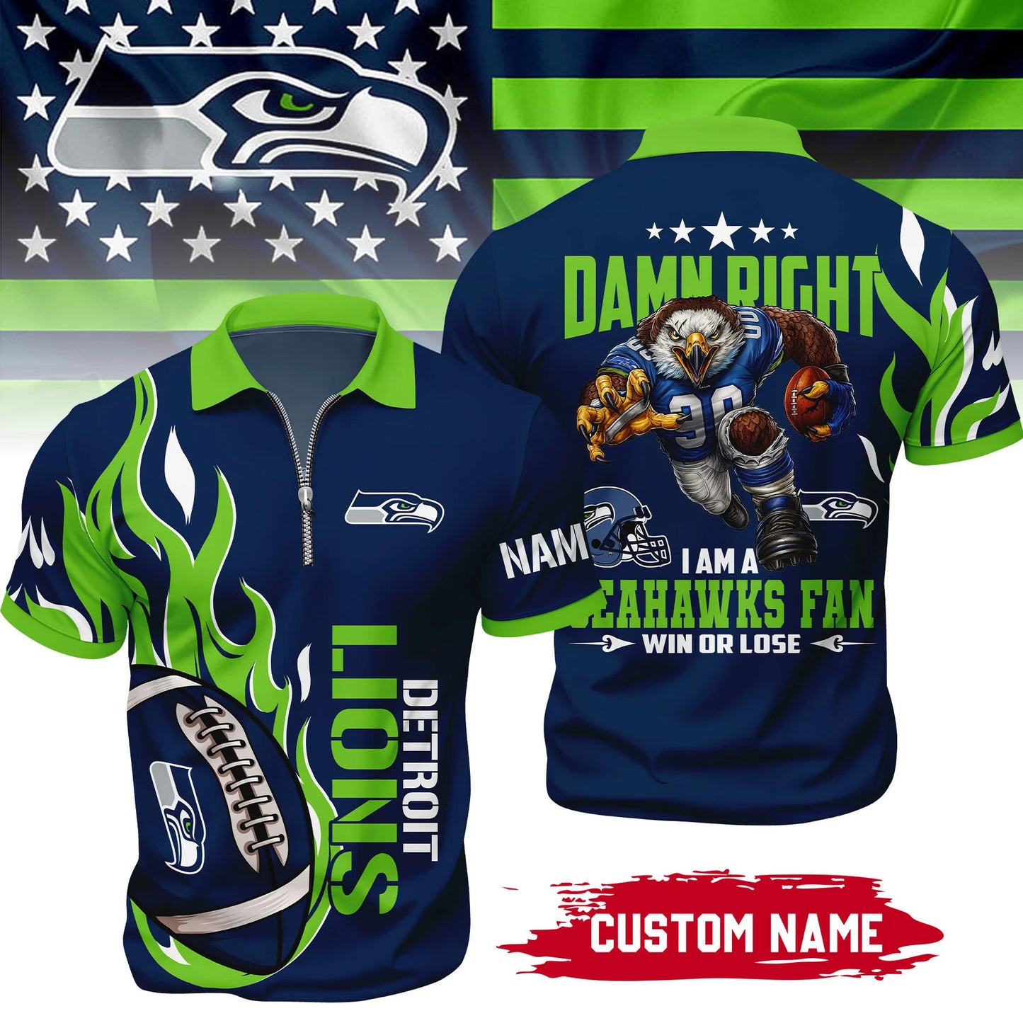 LIMITED EDITION - NEW CUSTOMIZED NFL06 SSH SEATTLE SEAHAWKS ZIP POLO SHIRT