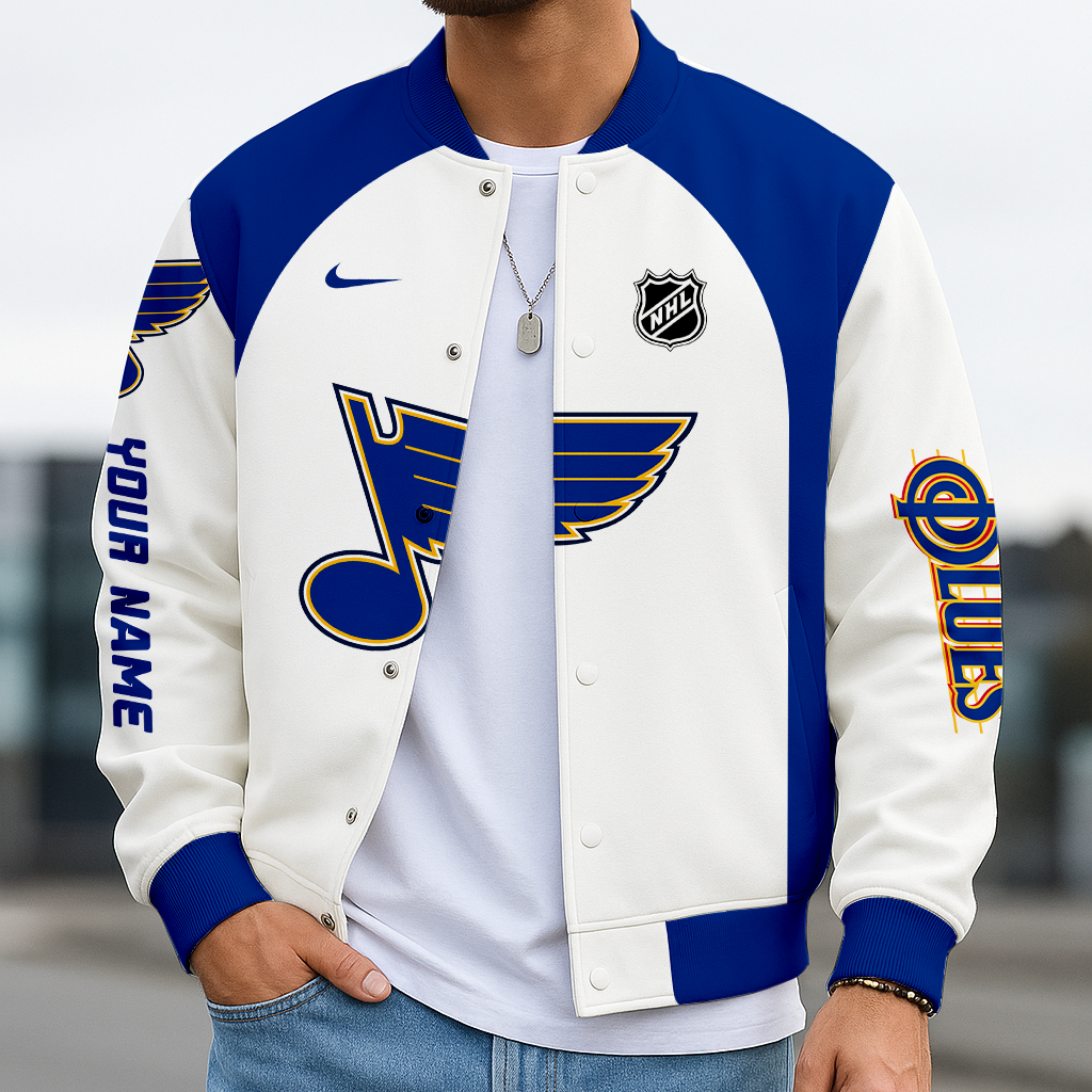 LIMITED EDITION - NEW CUSTOMIZED NHL14 SLB ST. LOUIS BLUES SATIN VARSITY JACKET & BASEBALL JACKET
