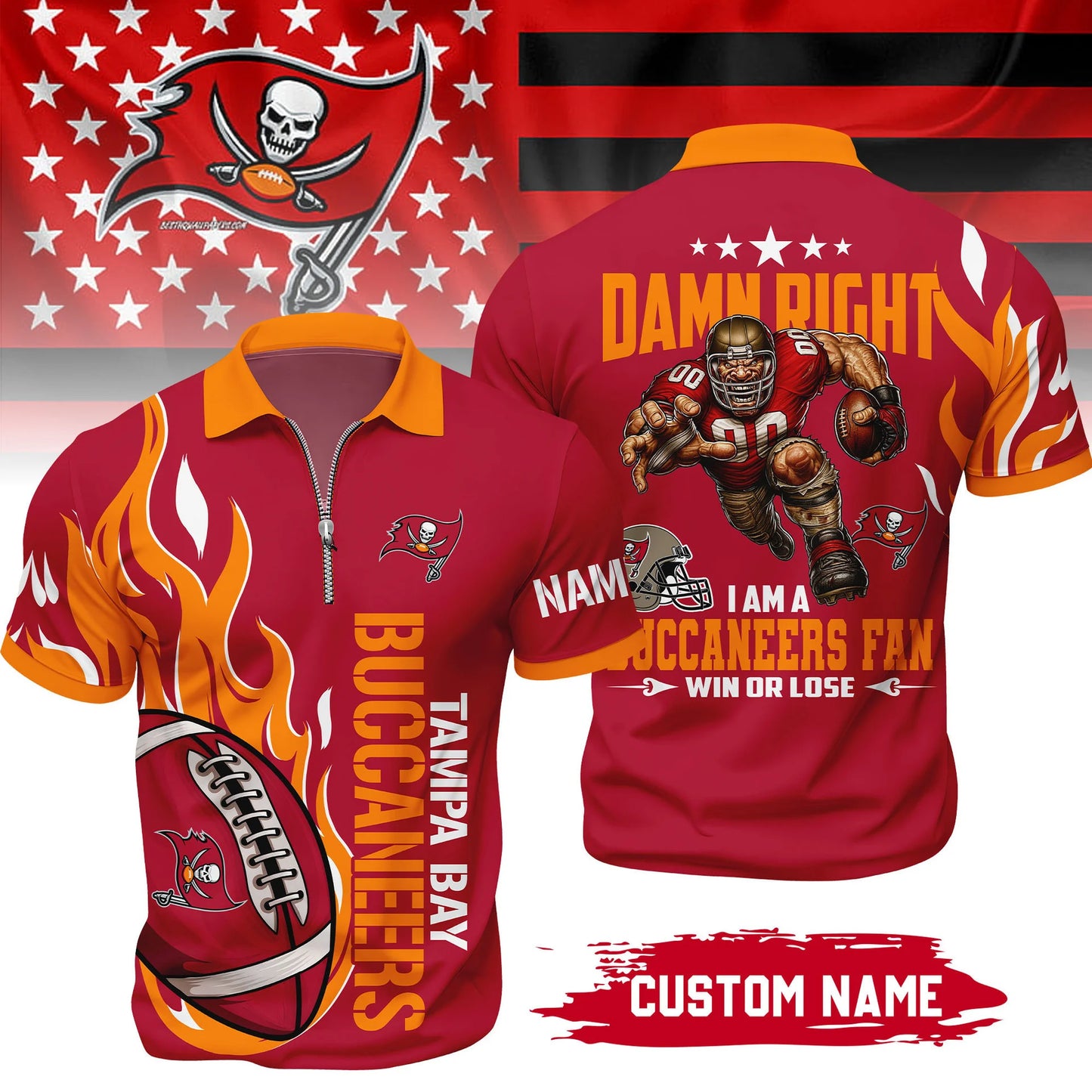 LIMITED EDITION - NEW CUSTOMIZED NFL10 TBB TAMPA BAY BUCCANEERS ZIP POLO SHIRT