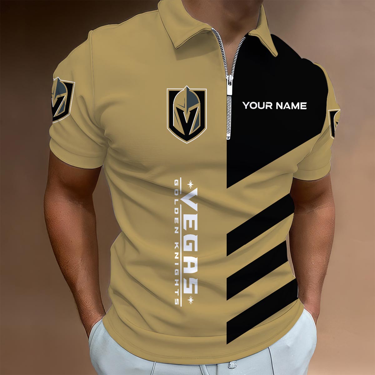 LIMITED EDITION - NEW CUSTOMIZED NHL04 VGK VEGAS GOLDEN KNIGHTS ZIP POLO SHIRT
