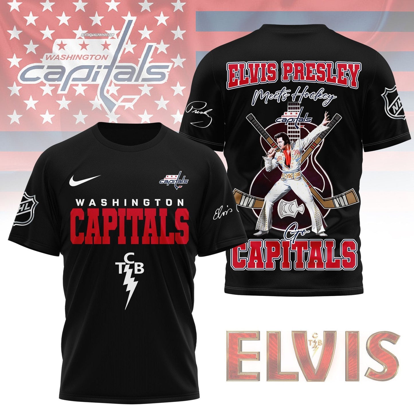 LIMITED EDITION - NEW CUSTOMIZED NHL10 WCP WASHINGTON CAPITALS X ELVIS PRESLEY FAN 3D SHIRT