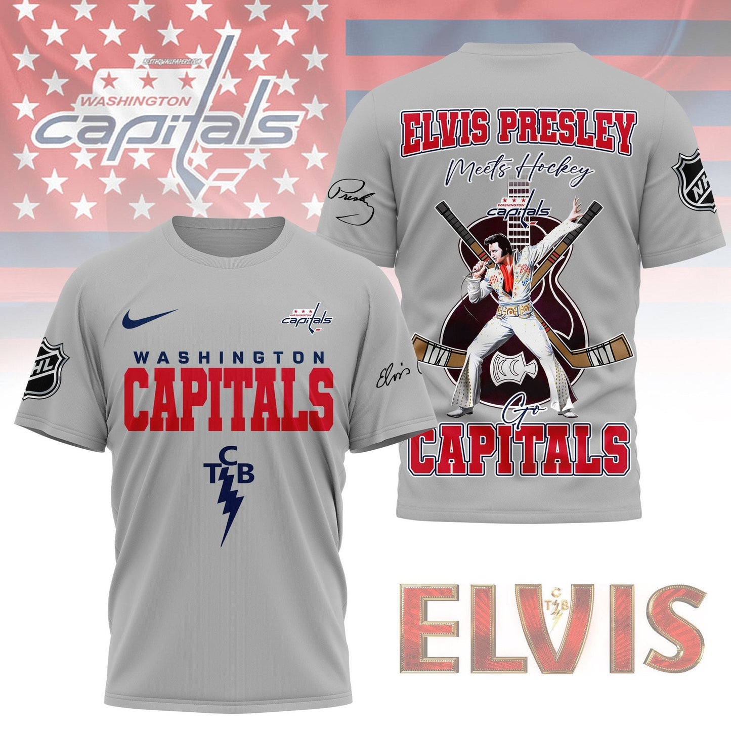 LIMITED EDITION - NEW CUSTOMIZED NHL10 WCP WASHINGTON CAPITALS X ELVIS PRESLEY FAN 3D SHIRT