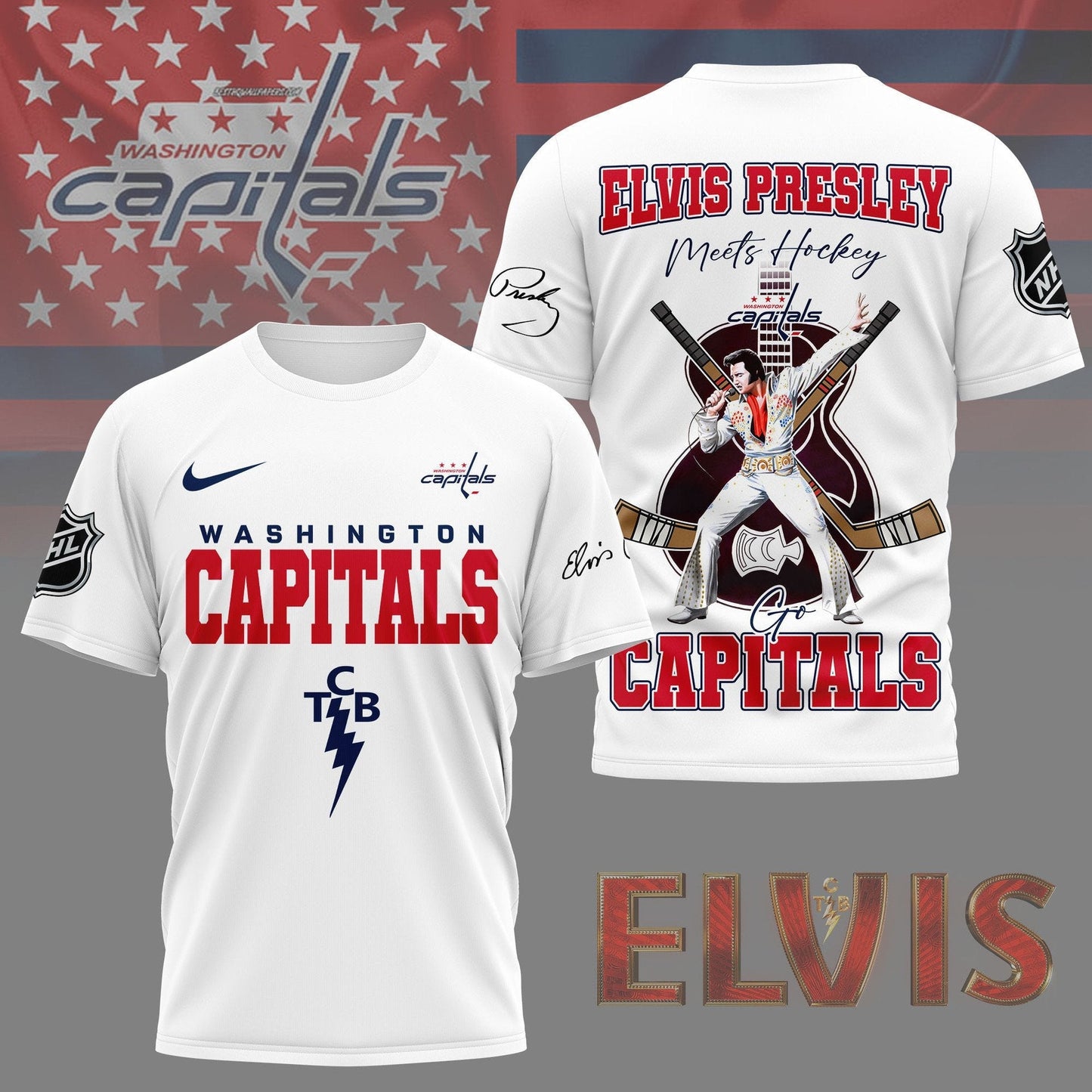 LIMITED EDITION - NEW CUSTOMIZED NHL10 WCP WASHINGTON CAPITALS X ELVIS PRESLEY FAN 3D SHIRT