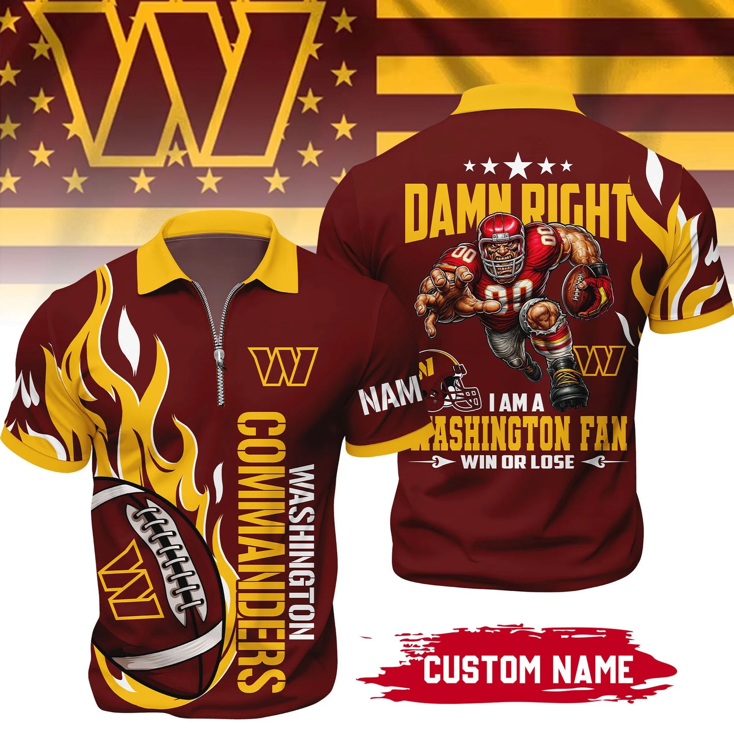LIMITED EDITION - NEW CUSTOMIZED NFL12 WTC WASHINGTON COMMANDERS ZIP POLO SHIRT