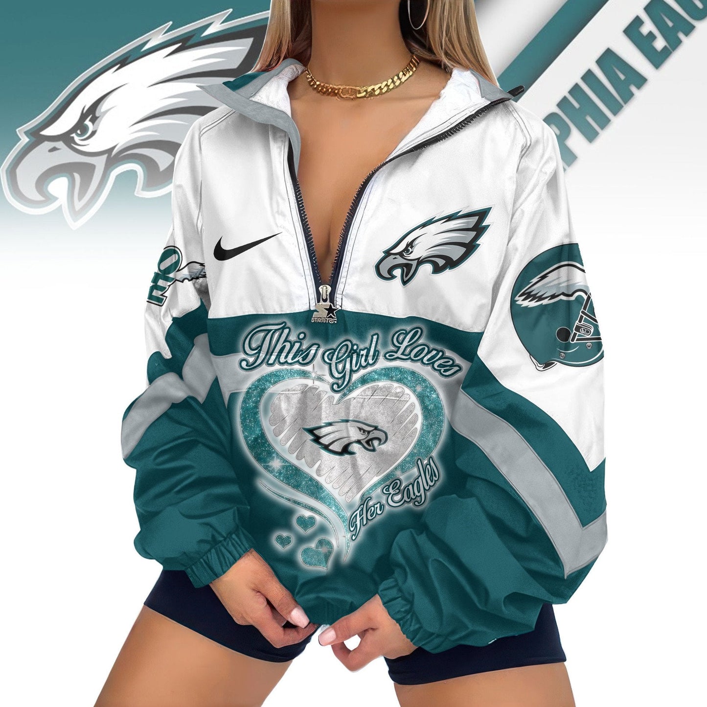 LIMITED EDITION - NEW CUSTOMIZED NFL02 PPE PHILADELPHIA EAGLES V-NECK ZIPPER SWEATSHIRT JACKET