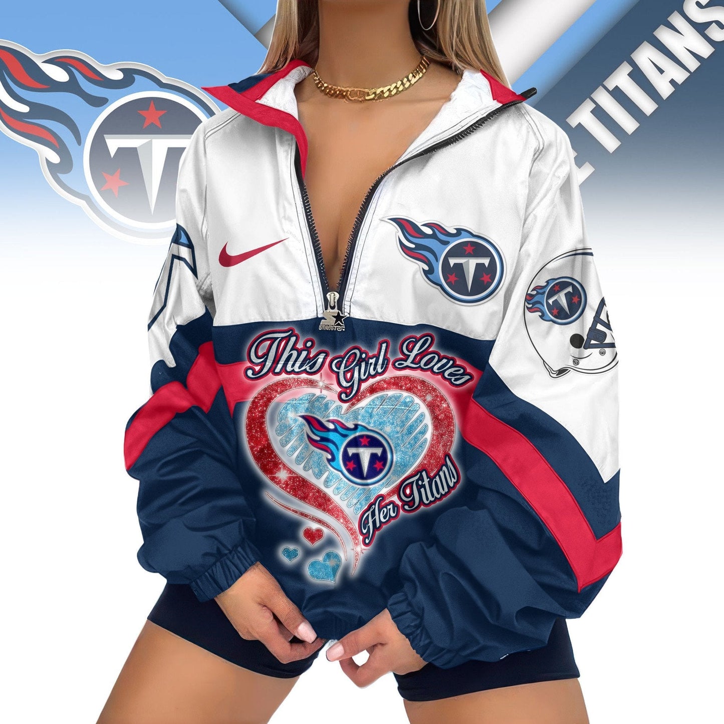 LIMITED EDITION - NEW CUSTOMIZED NFL31 TST TENNESSEE TITANS V-NECK ZIPPER SWEATSHIRT JACKET