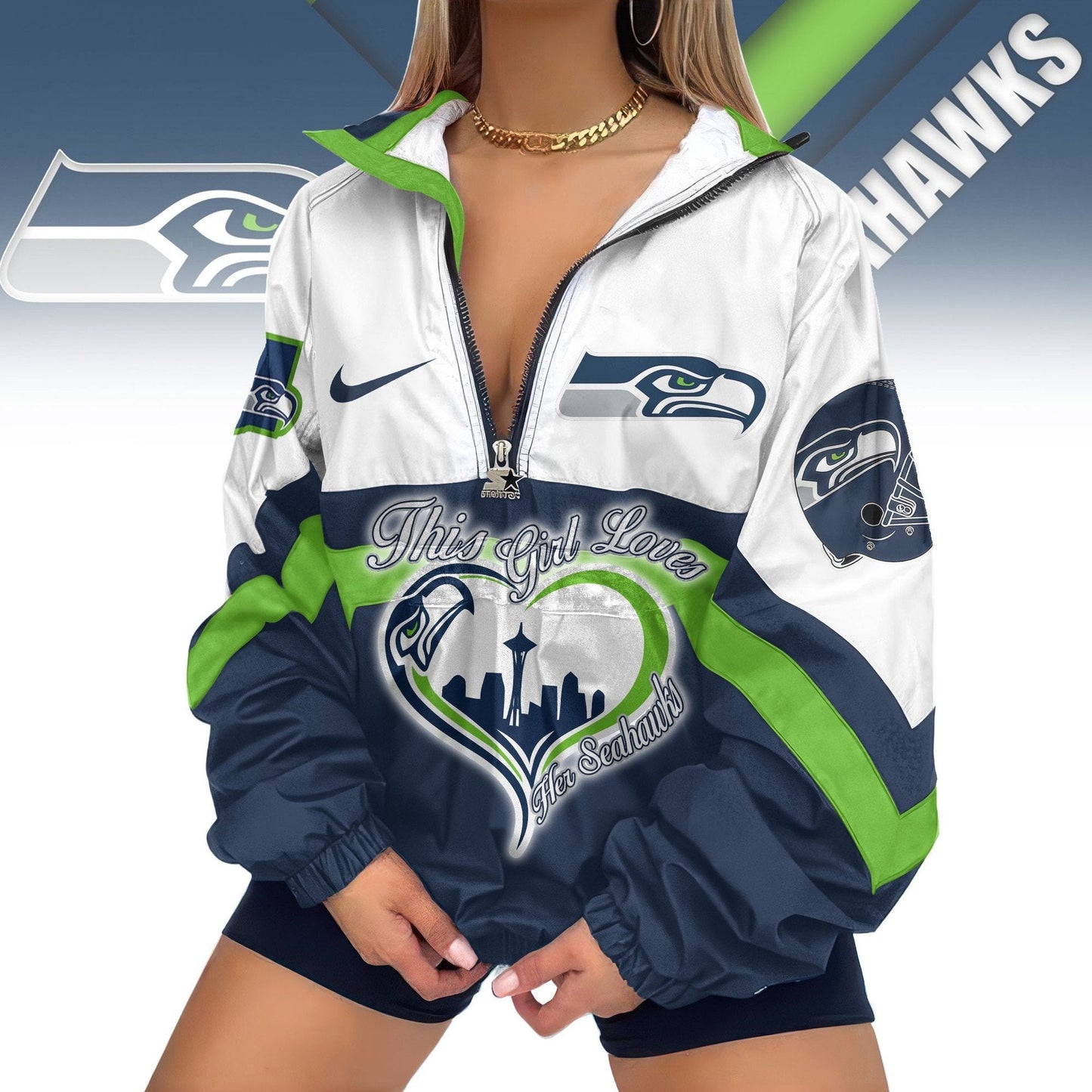 LIMITED EDITION - NEW CUSTOMIZED NFL06 SSH SEATTLE SEAHAWKS V-NECK ZIPPER SWEATSHIRT JACKET