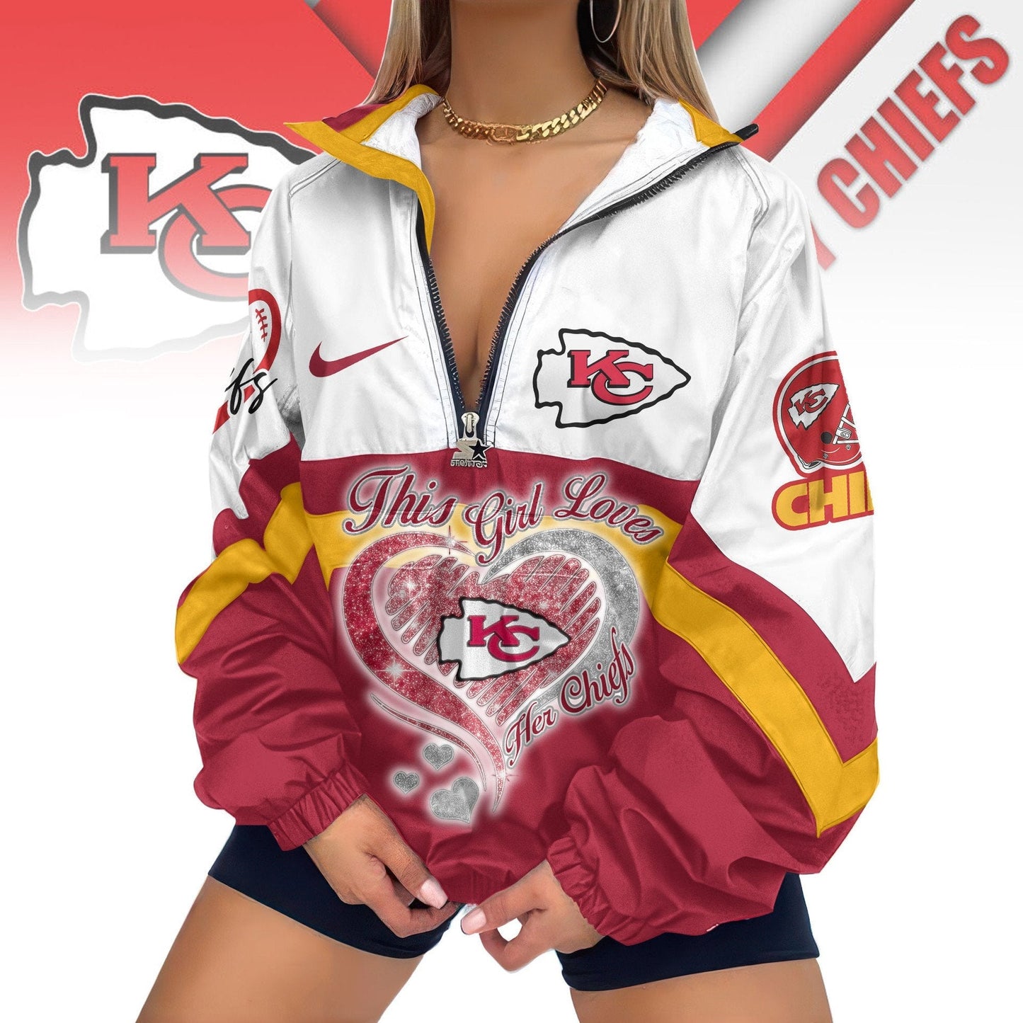 LIMITED EDITION - NEW CUSTOMIZED NFL01 KCC KANSAS CITY CHIEFS V-NECK ZIPPER SWEATSHIRT JACKET