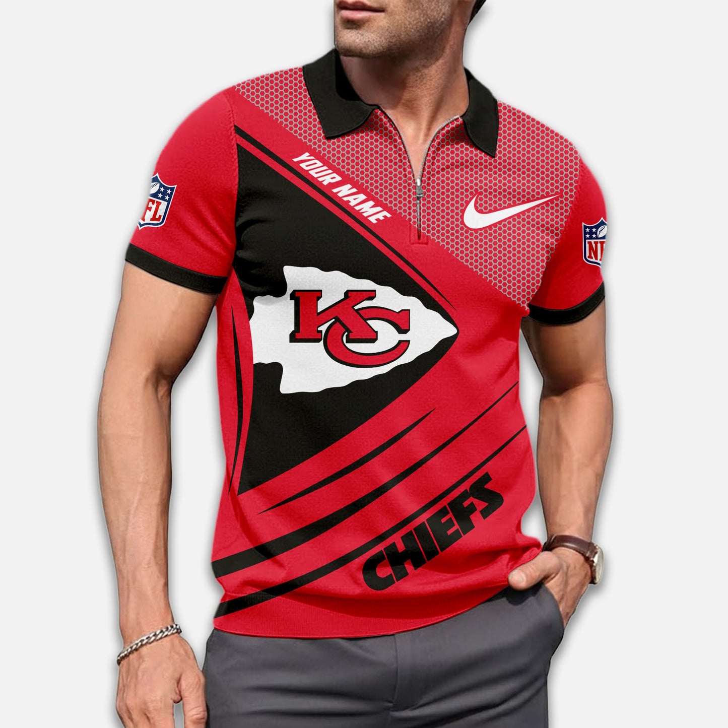 LIMITED EDITION - NEW CUSTOMIZED NFL01 KCC KANSAS CITY CHIEFS ZIP POLO SHIRT