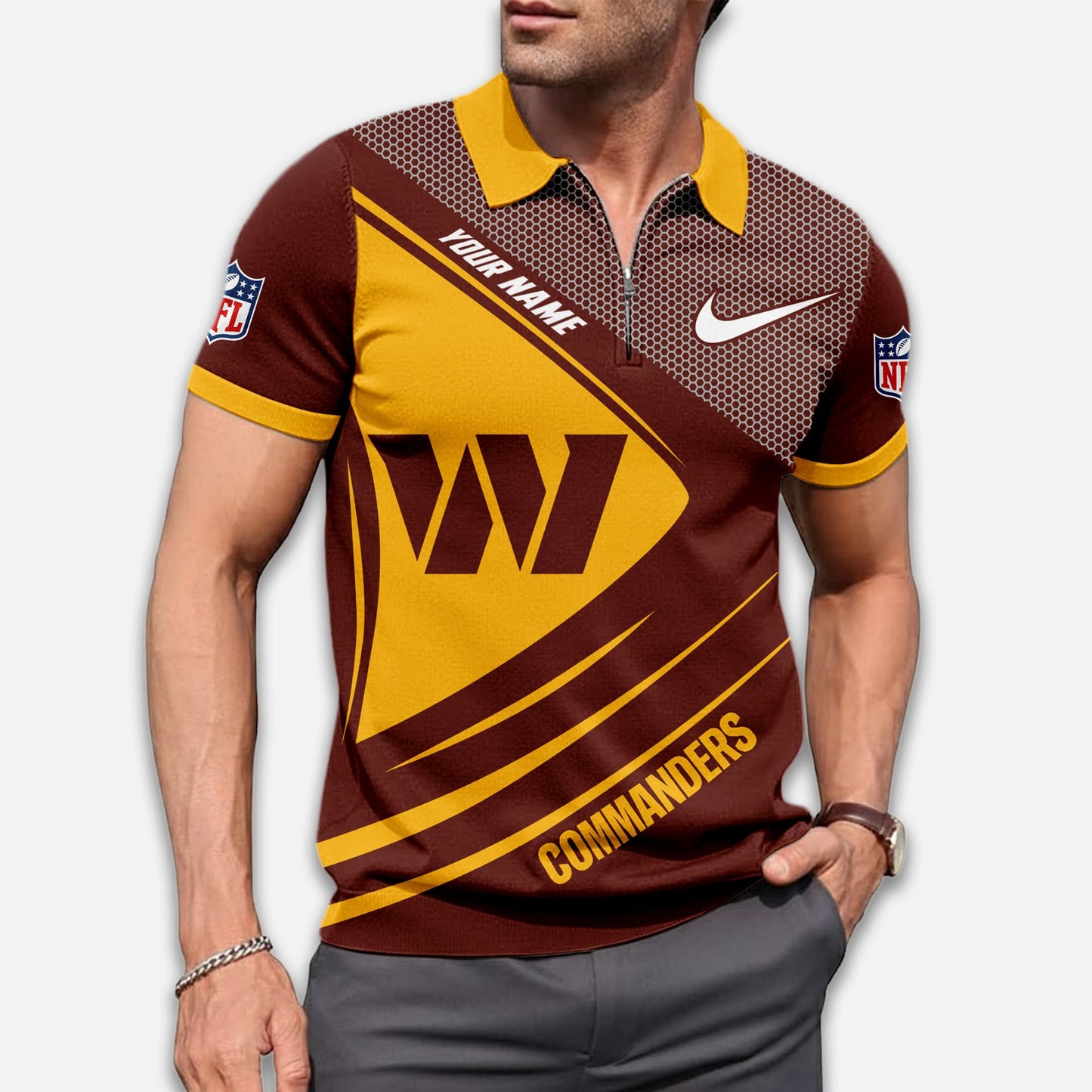 LIMITED EDITION - NEW CUSTOMIZED NFL12 WTC WASHINGTON COMMANDERS ZIP POLO SHIRT