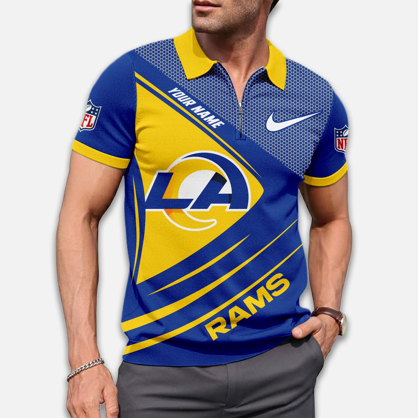 LIMITED EDITION - NEW CUSTOMIZED NFL22 LAR LOS ANGELES RAMS ZIP POLO SHIRT