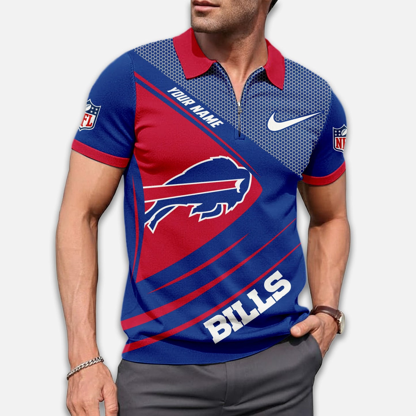 LIMITED EDITION - NEW CUSTOMIZED NFL03 BFB BUFFALO BILLS ZIP POLO SHIRT
