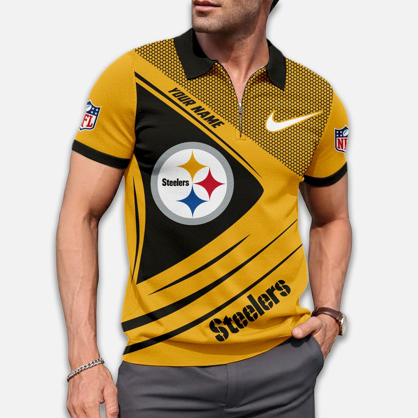 LIMITED EDITION - NEW CUSTOMIZED NFL14 PSB PITTSBURGH STEELERS ZIP POLO SHIRT