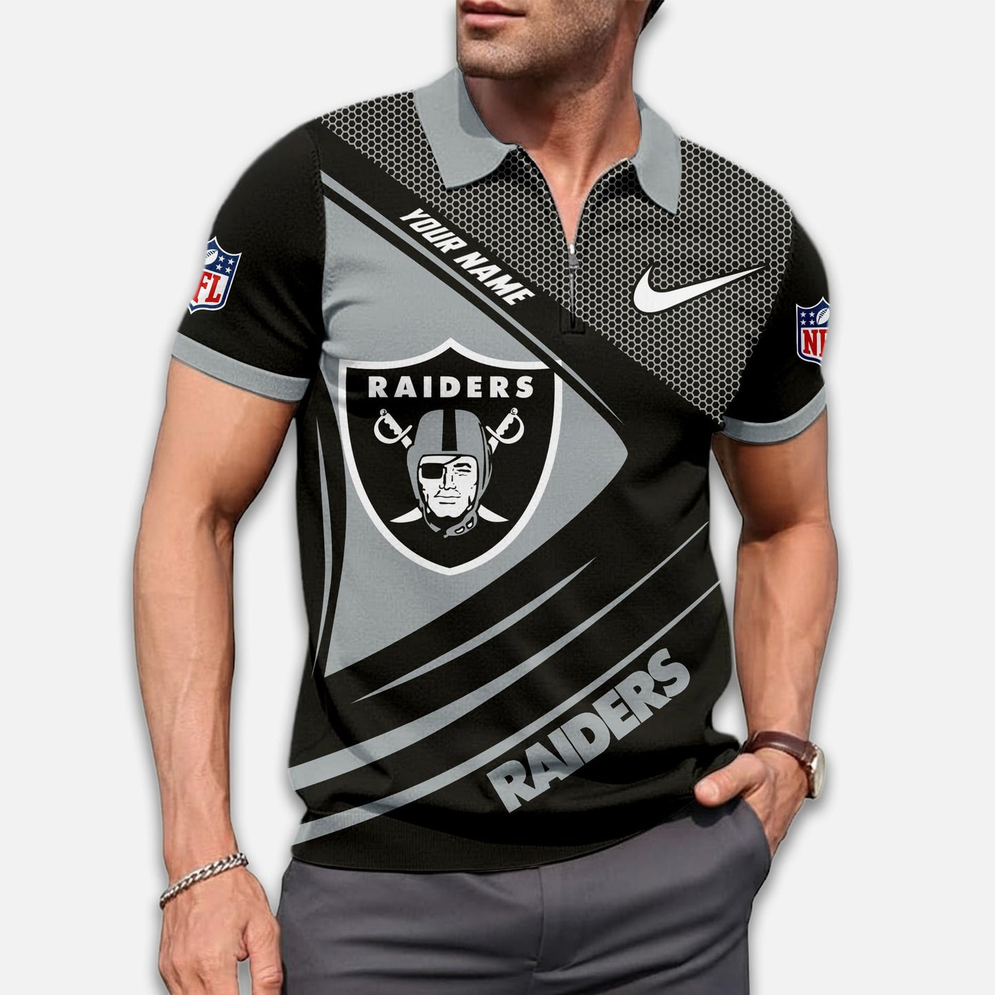LIMITED EDITION - NEW CUSTOMIZED NFL07 LVR LAS VEGAS RAIDERS ZIP POLO SHIRT