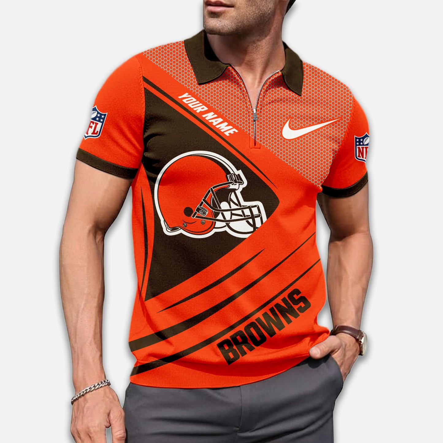 LIMITED EDITION - NEW CUSTOMIZED NFL29 CLB CLEVELAND BROWNS ZIP POLO SHIRT